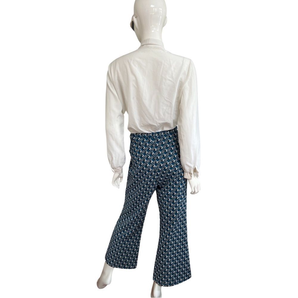 Groovy 60s / 70s Mod Teal Geometric Cropped Ankle Flared Pull on Pants - Picture 4 of 8